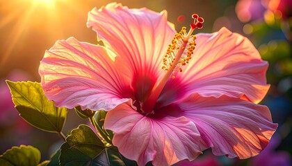 Vibrant pink hibiscus flower bathed in sunlight