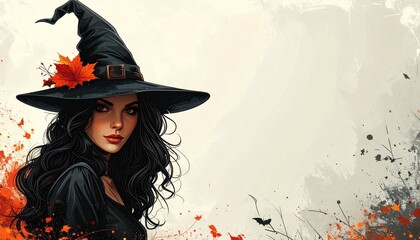 Black Hat Witch with Autumn Leaves Halloween, Fantasy, and Magic