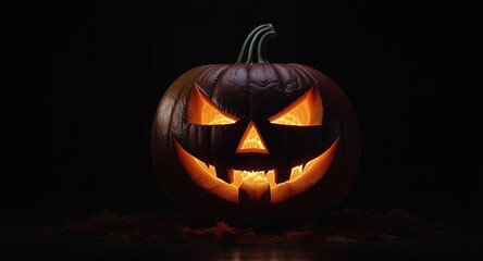 Spooky Jack-o-lantern Halloween Pumpkin with Glowing Face and Autumn Leaves on Dark Background