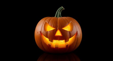 Spooky Jack-o-lantern Halloween Pumpkin with Glowing Face, Autumn Holiday Decoration, Festive Carving, October Celebration, Dark Background