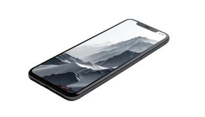 Gray smartphone angled, displaying a landscape image of misty mountains