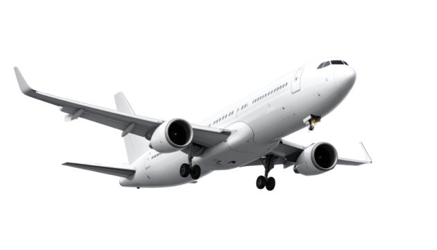 White passenger jet in flight, angled view