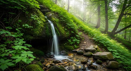 Lush green forest with a small waterfall flowing over mossy rocks stream nature