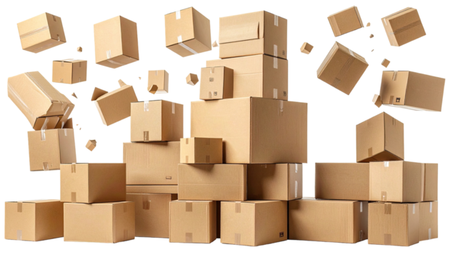 Stacked cardboard boxes, various sizes, in disarray