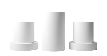 Three white cylindrical objects, slightly varying in size, are positioned horizontally. Each object has a circular base