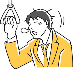 吊革につかまりながら寝る男性社員