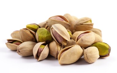 Close-up of Shelled Pistachios Pile – Healthy Nut Snack with Green Kernels on White Background