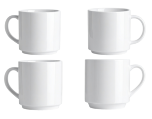 Four identical white mugs arranged in a 2x2 grid.  Each mug features a handle and a slightly tapered, rounded body.  A subtle,  ridged base is visible on two mugs