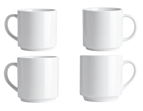 Four identical white mugs arranged in a 2x2 grid.  Each mug features a handle and a slightly tapered, rounded body.  A subtle,  ridged base is visible on two mugs