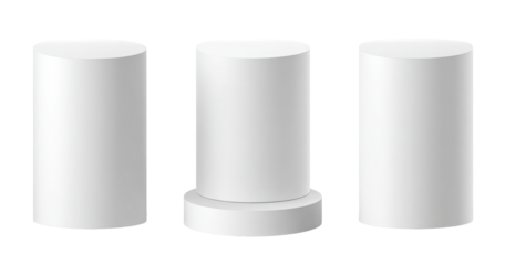 Three blank, white, cylindrical display pedestals