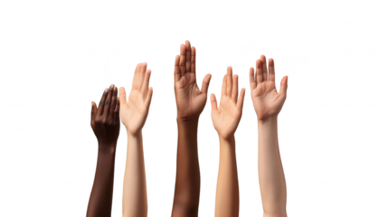 A diverse group of hands raised in unison against a soft beige background. symbolizing unity and inclusion. perfect for concepts of diversity. teamwork. and social movements