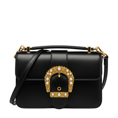 Designer handbag with buckle detail, isolated on transparent background
