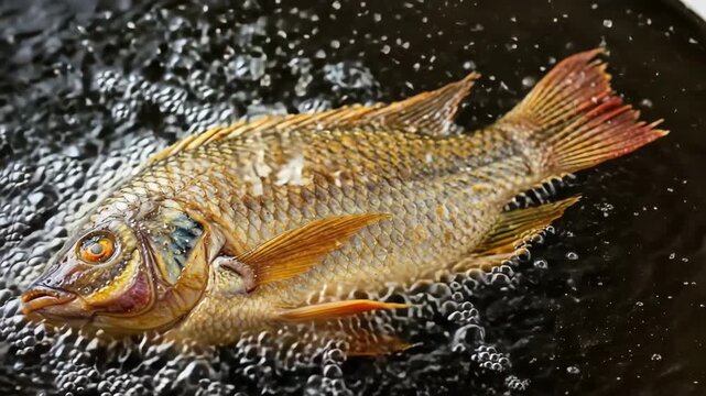 Extreme close up of whole fish deep frying in bubbling hot oil, golden skin turning crispy with splattering oil and sizzling foam highlighting intense cooking process and delicious seafood preparation