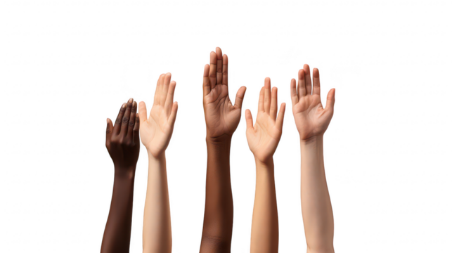 A diverse group of hands raised in unison against a soft beige background. symbolizing unity and inclusion. perfect for concepts of diversity. teamwork. and social movements - Powered by Adobe