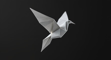 White Origami Bird in Flight, Paper Craft, Minimalist Design, Black Background