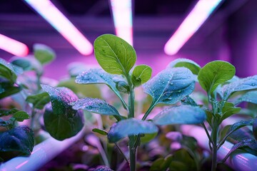 Indoor hydroponic greens under pink grow lights