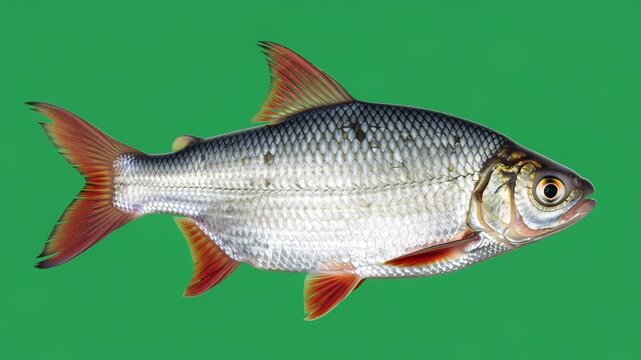 Single fish isolated on bright green background showing natural scales and aquatic detail perfect for aquarium or marine life concept in a simple colorful composition