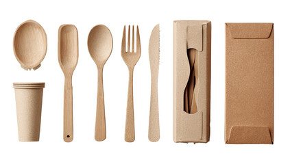 Wooden cutlery set in kraft packaging.  Eco-friendly, disposable tableware