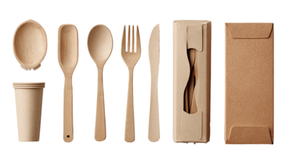 Wooden cutlery set in kraft packaging.  Eco-friendly, disposable tableware