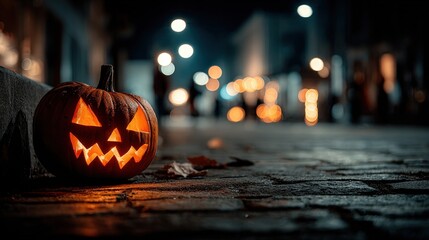 Glowing Jack-o'-Lantern on a Dark Street