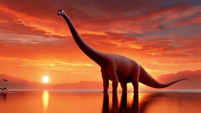 Prehistoric Sunrise: A majestic brachiosaurus stands tall in a serene sunset over a calm body of water, its silhouette a timeless emblem against the vibrant, warm hues of the sky.