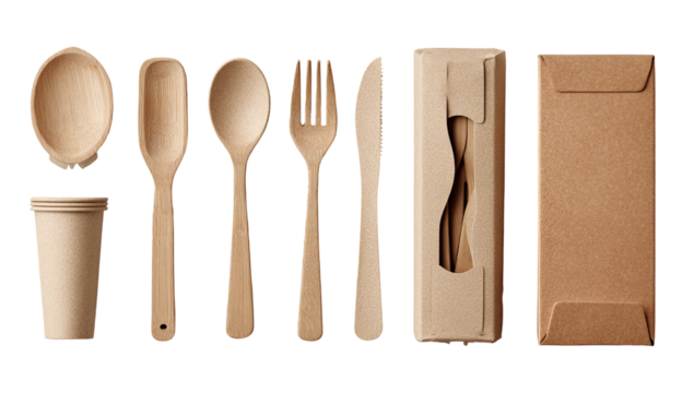 Wooden cutlery set in kraft packaging.  Eco-friendly, disposable tableware