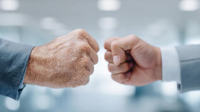 Business Collaboration: A symbol of business partnership and collaboration. Captured are two fists bumping in a display of solidarity and teamwork in the business realm.