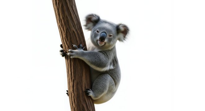 Fototapeta Adorable Koala Bear Climbing a Tree Trunk, Wildlife Photography, Isolated on White Background