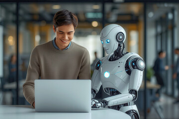 Man and AI humanoid robot using laptop work together and collaborating, symbolizing AI agent partnership help job and work with AI