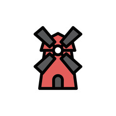 Red windmill rotates atop simple agriculture scene