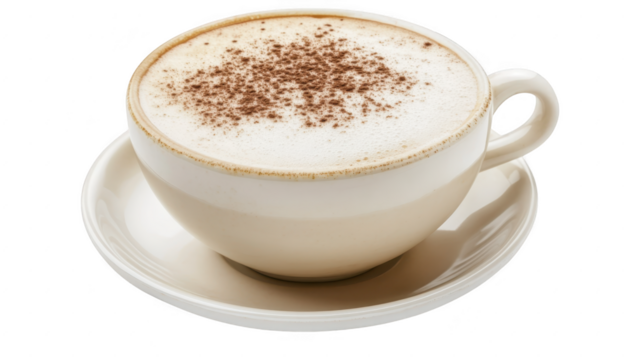 A beautifully crafted cappuccino served in an elegant white cup on a matching saucer. rich froth topped with cocoa powder. perfect for a cozy cafe setting - Powered by Adobe