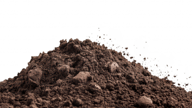 A close-up view of a mound of rich. dark soil with particles being kicked up. set against a stark white background. ideal for agricultural or gardening themes