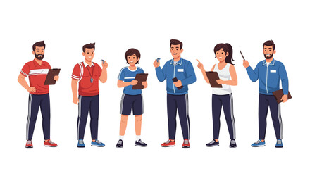 Fototapeta premium Group of coaches and a young athlete standing together, holding clipboards and gesturing.