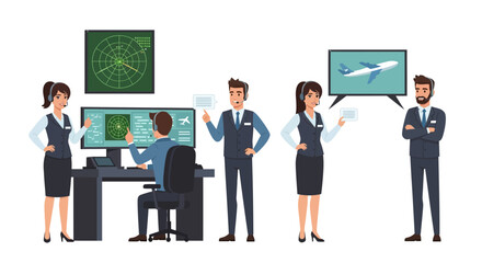 Air traffic controllers monitor radar screens and communicate about aircraft, ensuring safe and efficient air travel.