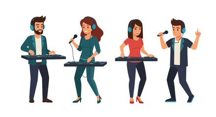 Obraz premium Four cartoon musicians playing keyboards and singing into microphones, wearing headphones against a white background.