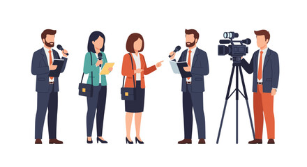 Fototapeta premium News team conducting an interview, with reporters, cameraman, and microphones.