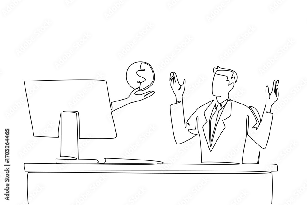 Poster continuous one line drawing hands out of the monitor screen while holding a penny. small investment 