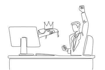 Single one line drawing hands out of the monitor screen while holding crown. Sign of success. Most prestigious award in business world. Things from Screen. Continuous line design graphic illustration