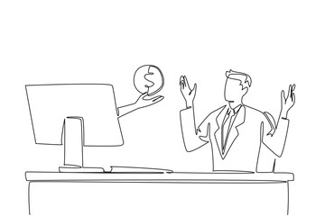 Continuous one line drawing hands out of the monitor screen while holding a penny. Small investment with small profit. Manage well. Things from Screen. Single line draw design vector illustration © Simple Line