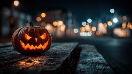Glowing Jack-o'-Lantern on Wet Wood at Night