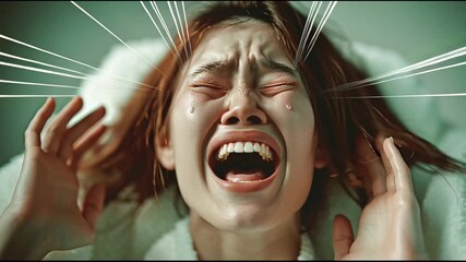 Dynamic VFX and Digital Massage Therapy Fusion Depicting Woman’s Screaming Agony and Virtual Stress Relief in Headache Management