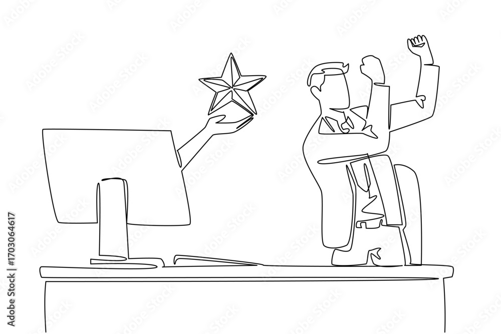Poster single continuous line drawing hands out of monitor screen while holding a star shape. get the best 