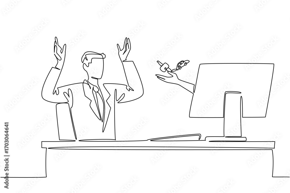 Poster continuous one line drawing hands out of monitor screen while holding car key with a car shaped keyc