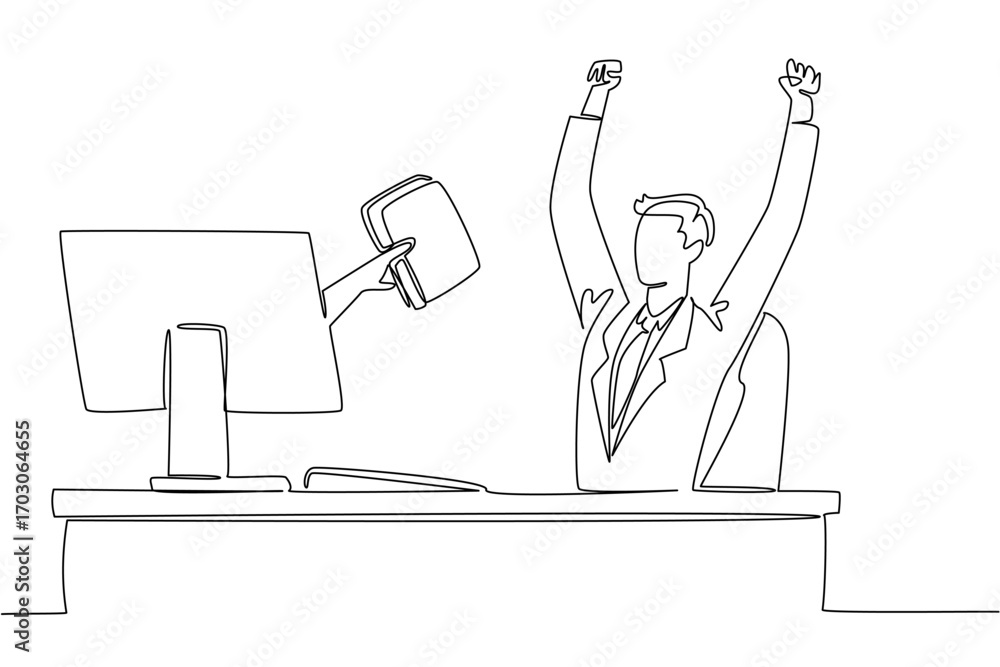 Poster single continuous line drawing hands out of the monitor screen while holding a thick book. instant l