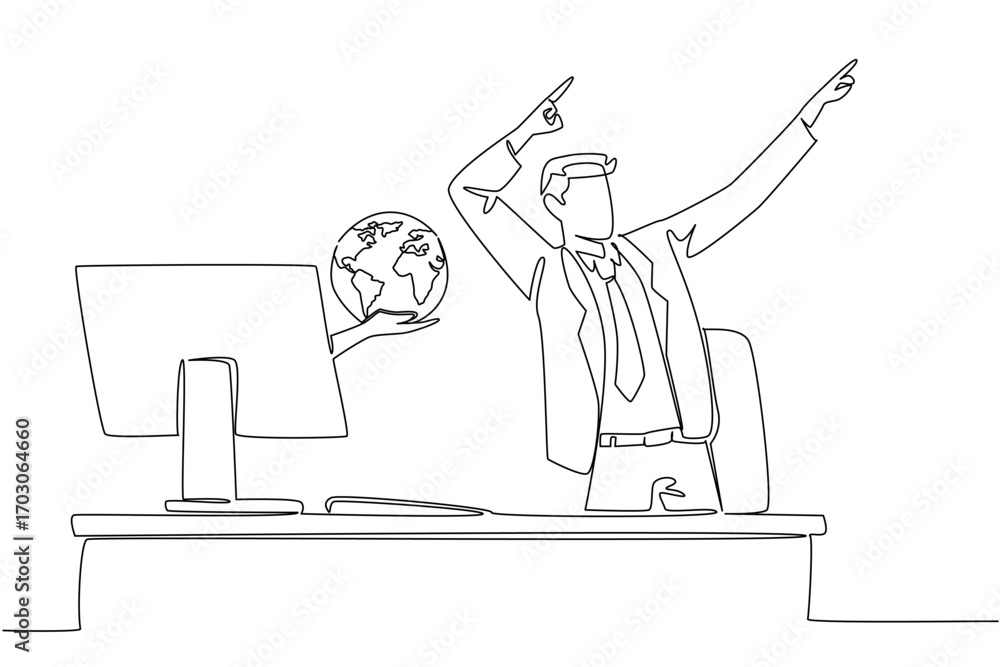 Poster single one line drawing hands out of monitor screen while holding a globe. great new connection for 