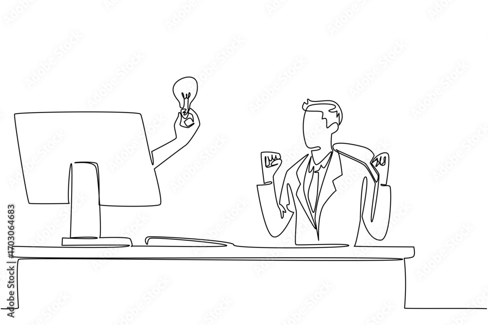 Aufkleber single one line drawing hand out of the monitor screen holding a bulb lamp. cheer up with the brilli