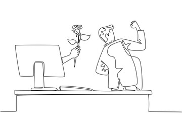Continuous one line drawing hands out of the monitor screen while holding rose flower. Dancing happily. New business romance. Happiness. Things from Screen. Single line draw design vector illustration
