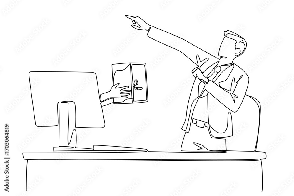 Aufkleber single continuous line drawing hands out of the monitor screen while holding a safe deposit box. get