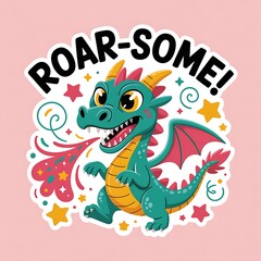 Obraz premium Roarsome Cartoon Dragon with Fire Breath and Stars Cheerful Illustration for Childrens Designs and Fun Projects Promoting Playfulness and Excitement
