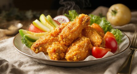 Fototapeta premium Crispy Fried Chicken Wings with Vegetable Garnish on Plate